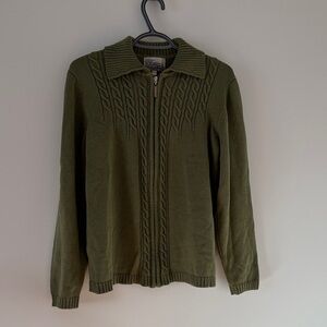 Tradition Country Collection Green Cable Knit Zip-Up Vintage Sweater Size L